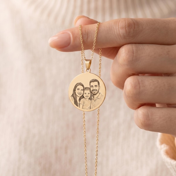 14K Solid Gold Photo Pendant Necklace, Custom Engraved Pet Portrait, Memorial Gift