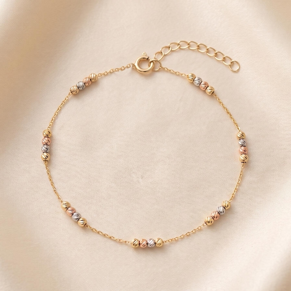 14K Solid Gold Two Tone Bracelet, Diamond Cut Bead Chain, Adjustable Tri Color