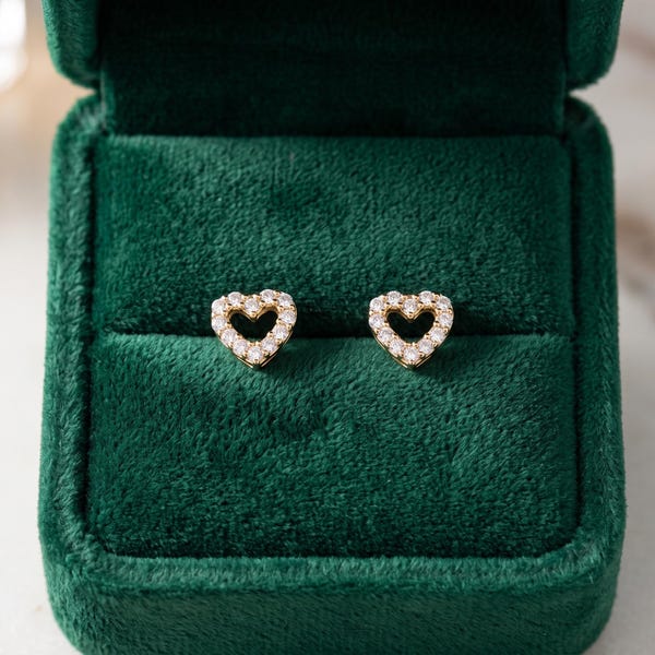 14K Solid Gold Pave CZ Open Heart Stud Earrings, Everyday Dainty Love studs