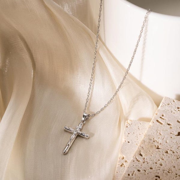 14K Solid White Gold Tubular Crucifix Necklace, Modern INRI Cross Pendant, Catholic Faith Jewelry