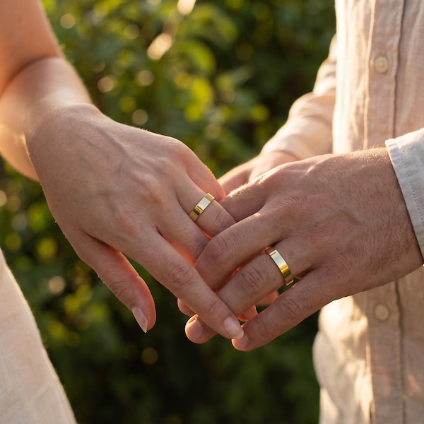 Flat Wedding Band 14K Solid Gold Polished Ring for Him and Her, Matching Couples Set, Simple Everyday Promise Gift, Made to Your Size