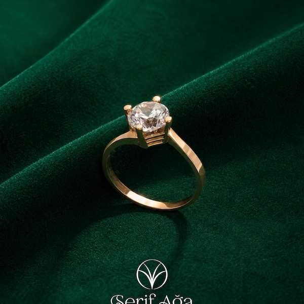 14K Solid Gold Solitaire Ring, Round CZ Engagement, Classic Four Prong Promise Ring