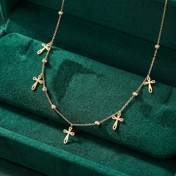 14K Solid Gold Cross Station Necklace – Dainty Layering Charm Jewelry