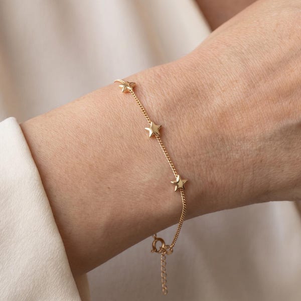 14K Solid Gold Three Star Bracelet, Adjustable Small Wrist, First Communion Gift