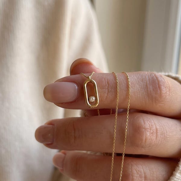 Oval Pendant Necklace 14K Solid Gold with One Moving Stone, Two Tone Bezel, Paperclip Link on 45 cm Fine Chain, Dainty Gift, Stamped 585