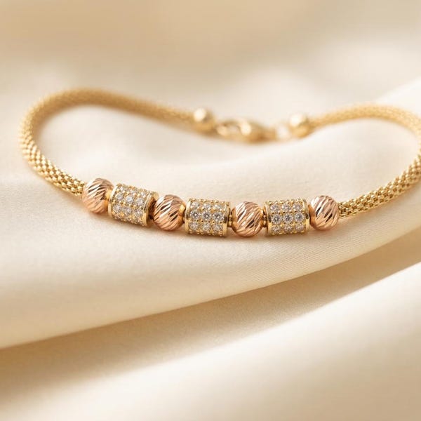 14K Rose Gold Bracelet, Two Tone Mesh Popcorn Chain with Pave CZ and Diamond Cut Beads, 18 cm / 7.09 in Gift for Her
