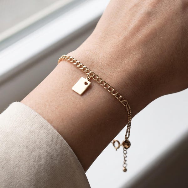14K Solid Gold Y2K Bracelet, Cuban Link & Ball Chain, Heart Tag Charm