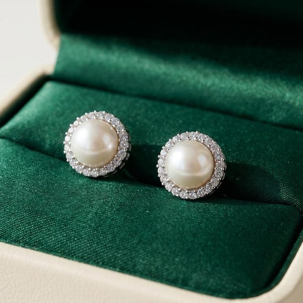 14K Solid White Gold Pearl Halo Stud Earrings, Freshwater CZ Bridal Jewelry