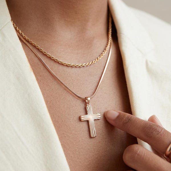 14K Solid Gold Sunburst Cross Necklace, Herringbone Chain, Modern Faith Jewelry