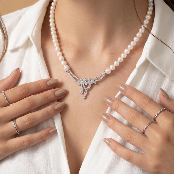 Freshwater Pearl Necklace, 14K Solid White Gold, CZ Edwardian Bridal Choker