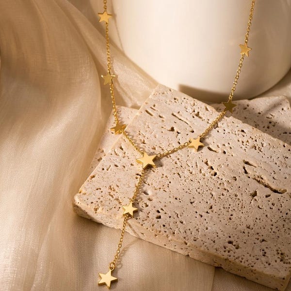 14K Solid Gold Star Lariat Necklace, Celestial Y-Drop Chain, Layering Jewelry