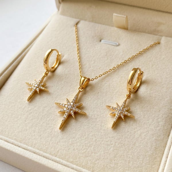 14K Solid Gold North Star Necklace and Huggie Earrings Set, Pave CZ Celestial Jewelry