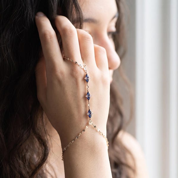 14K Solid Gold Hand Chain Bracelet with Blue Sapphire, Turkish Sahmeran Jewelry