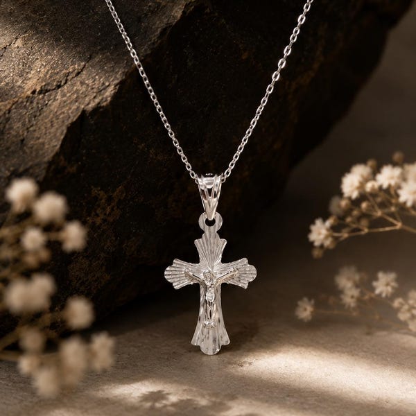 14K White Gold Diamond-Cut Crucifix Pendant, Catholic Confirmation Gift