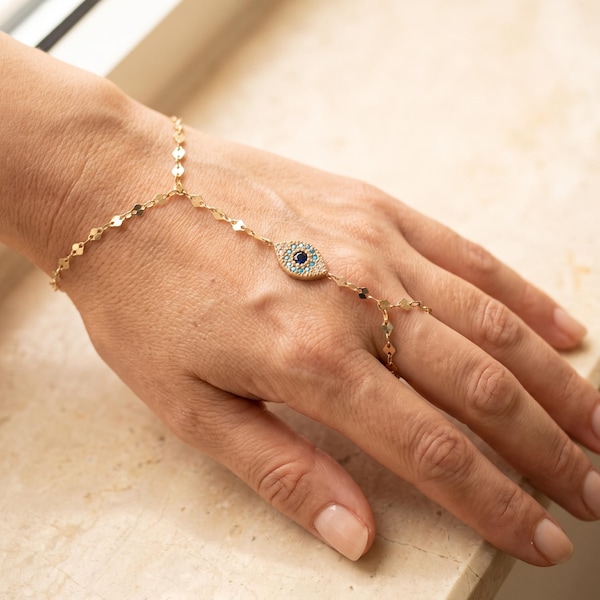 14K Solid Gold Evil Eye Hand Chain Bracelet, Pave Nazar Protection Jewelry
