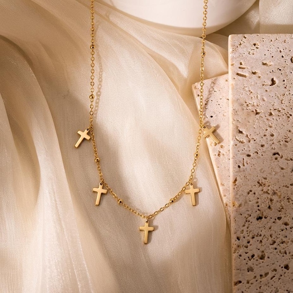 14K Solid Gold Multi Cross Station Choker, Dainty Beaded Faith Necklace