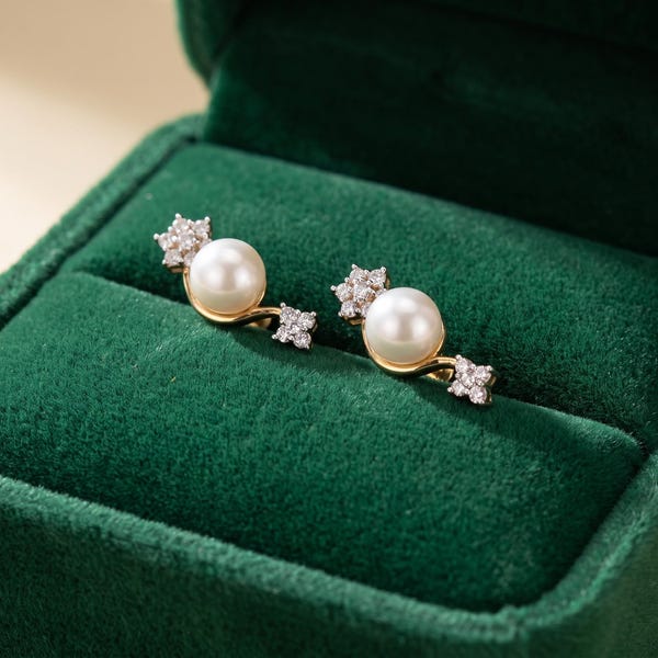 14K Solid Gold Asymmetric Pearl CZ Stud Earrings, Vintage Curved Modern Jewelry