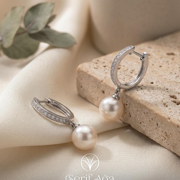 14K Solid White Gold Pearl Drop Huggie Earrings, Pave CZ, Freshwater Pearl Dangle