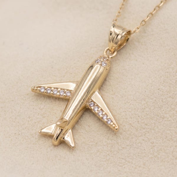 Solid 14K Gold Airplane Necklace, CZ Plane Pendant, Pilot Travel Jewelry