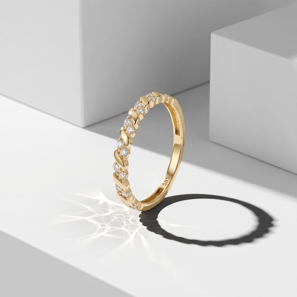 14K Solid Gold Twisted Rope Ring, Pave CZ Wedding Band, Stackable Eternity Ring