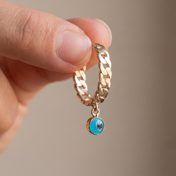 14K Solid Gold Curb Chain Hoop Earrings with Turkish Nazar Charm