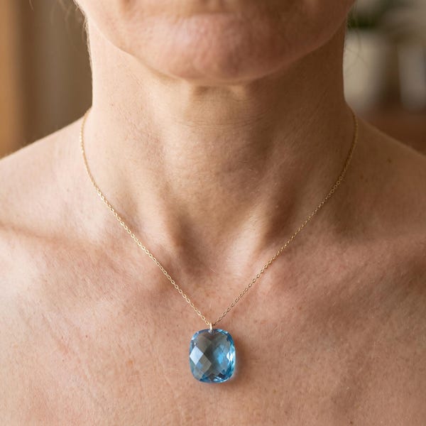 14K Solid Gold Blue Topaz Necklace, 21.5ct Cushion Cut Faceted Pendant