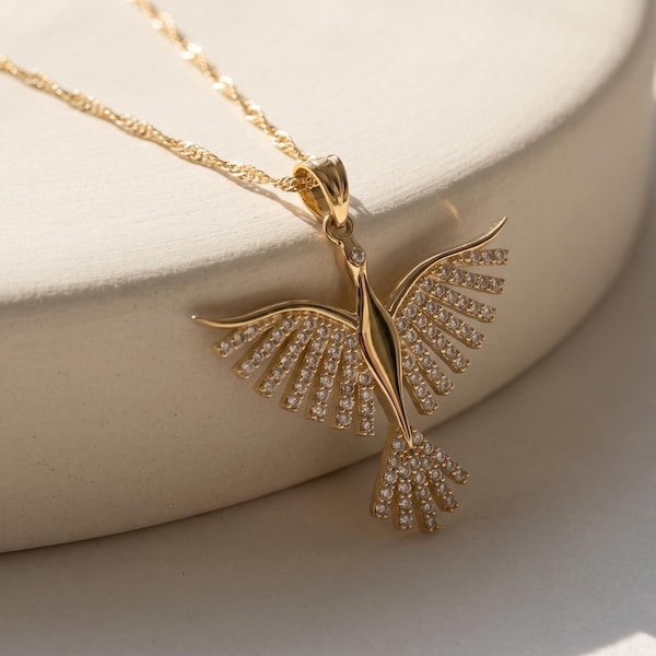 14K Solid Gold Phoenix Necklace, Sparkling CZ Pave Bird Pendant, Singapore Chain