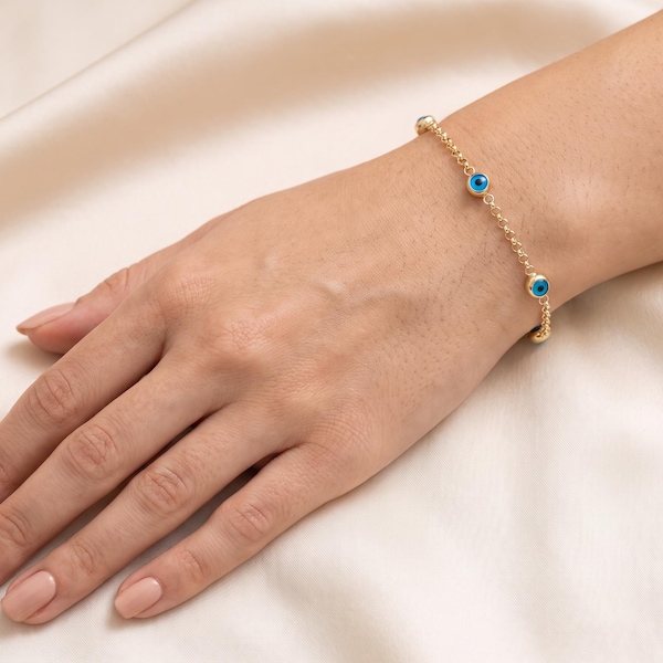 Evil Eye Bracelet 14K Solid Gold with Five Glass Nazar Beads, 18 cm Rolo Chain Station Style, Turkish Protection Gift, Stamped 585