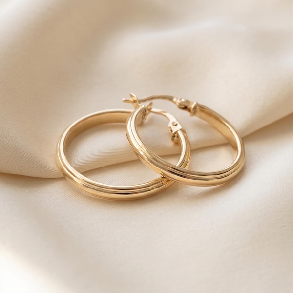 14K Solid Gold Tube Hoop Earrings, Waterproof Sleeper Hoops (20mm)