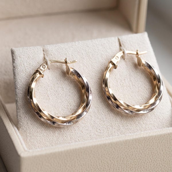 14K Two-Tone Twisted Hoop Earrings, White and Yellow Gold, Waterproof Gift