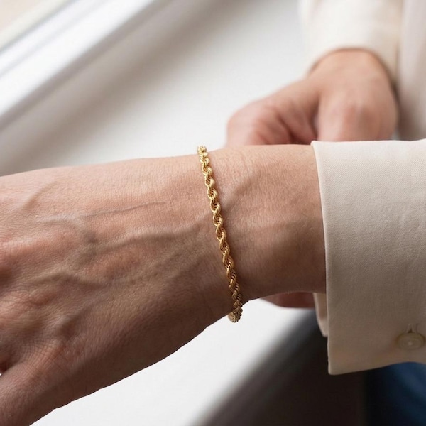 14K Solid Gold Rope Chain Bracelet, Twisted Link, 20cm (7.87 inches)