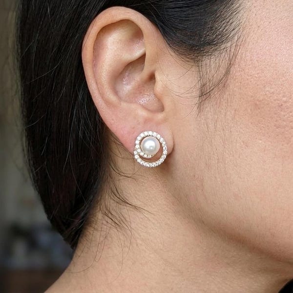 14K Solid Gold Pearl Halo Stud Earrings, Double Circle Pave CZ, Freshwater Pearl Studs