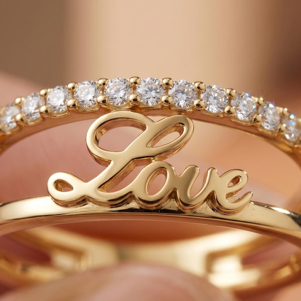 14K Solid Gold &quot;Love&quot; Script Ring, CZ Pave Double Band, Romantic Promise Ring