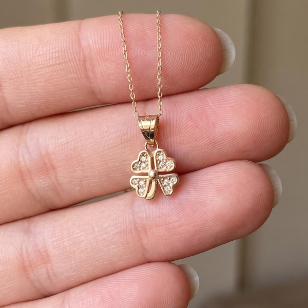 14K Solid Gold Clover Necklace with Pave CZ Hearts, Dainty Lucky Charm Pendant