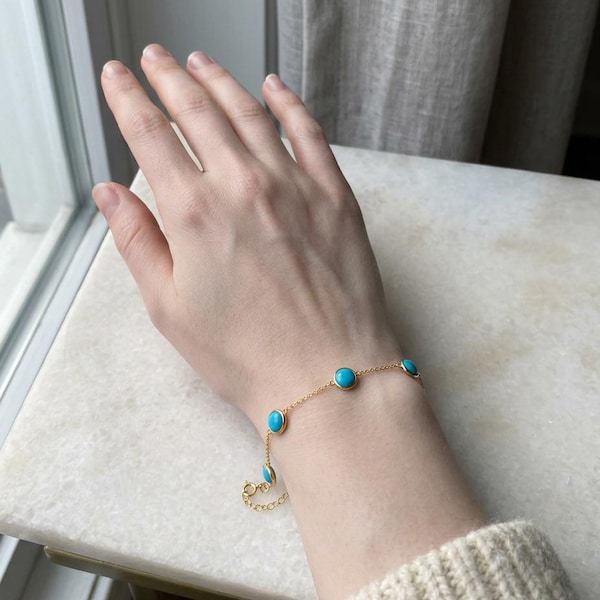 14K Solid Gold Turquoise Station Bracelet, Dainty Bezel Set Chain Gift