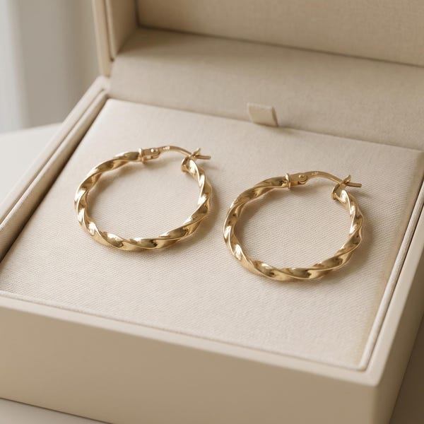14K Gold Flat Ribbon Hoop Earrings, Twisted Design, Lightweight Daily Wear
