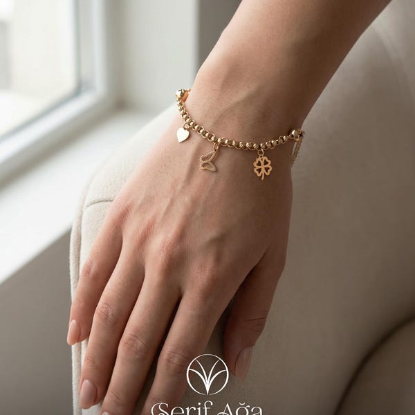 14K Solid Gold Charm Bracelet, Heart Clover Butterfly, Star Bead Station, Meaningful Gift