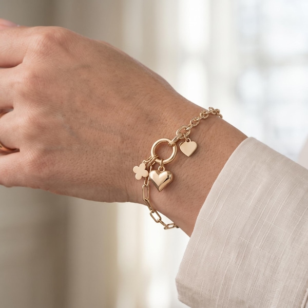 14K Solid Gold Charm Bracelet, Puffed Heart, Clover, O Ring Chain (18-20cm)
