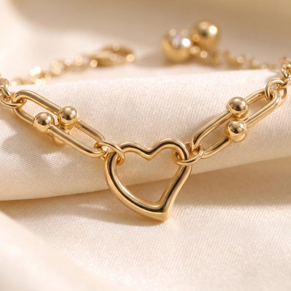 14K Solid Gold Open Heart Bracelet, Mixed Paperclip Rolo Chain, Modern Jewelry