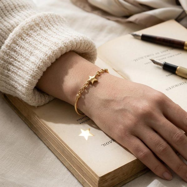 14K Solid Gold Puffed Star Bracelet, Mixed Snake Rolo Chain, Celestial Layering Jewelry