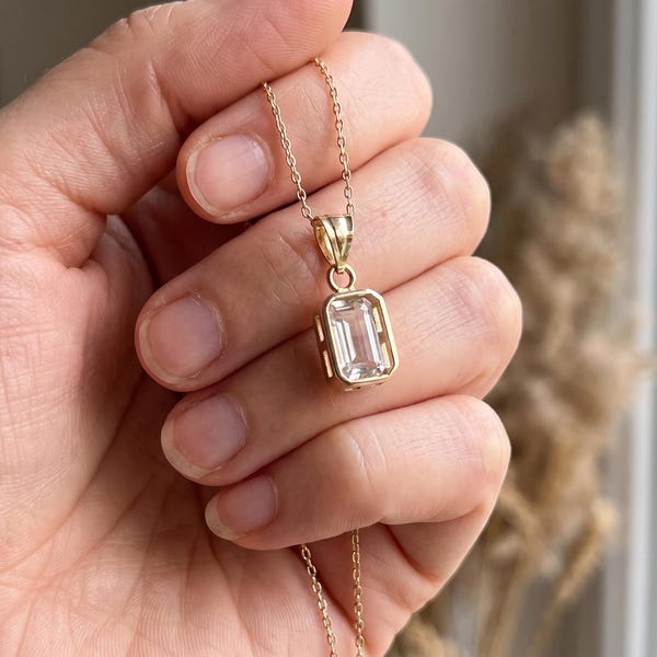 14K Solid Gold Emerald Cut Solitaire Pendant Necklace, Bezel Set CZ&lt;/em&gt;