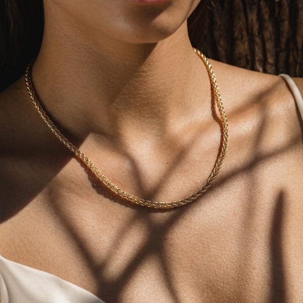 14K Solid Gold Wheat Chain Necklace, Classic Braided Statement Jewelry. Gift