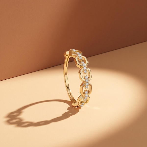 Eternity Ring in 14K Solid Gold, Hexagon Honeycomb Geometric Stacking Band with Pave CZ