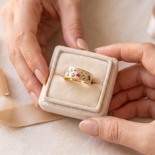 Chunky Ring 14K Solid Gold Wide Textured Band, Scattered Multicolour Stones, Ottoman Turkish Cocktail Statement Piece, Made to Your Size