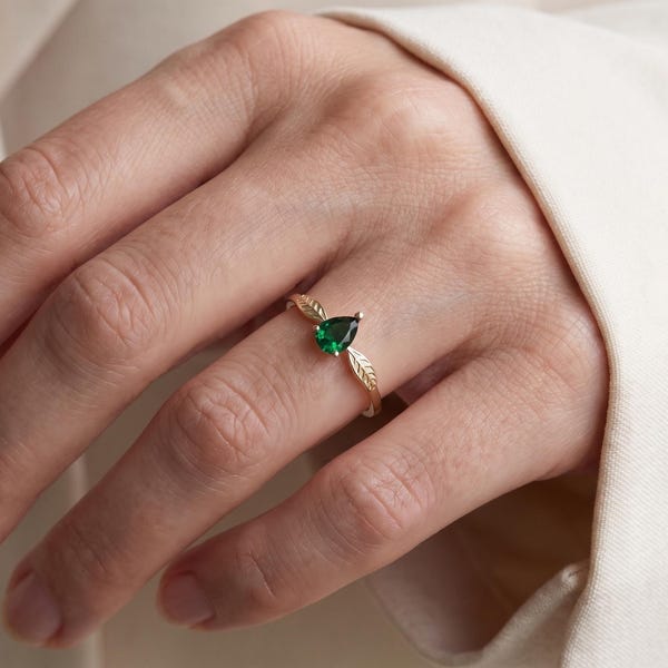 14K Gold Elven Ring, Pear Cut Green CZ, Engraved Leaves, Custom Size