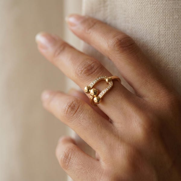 14K Solid Gold Horseshoe Link Ring, Modern U-Shape Statement Ring, CZ Stones