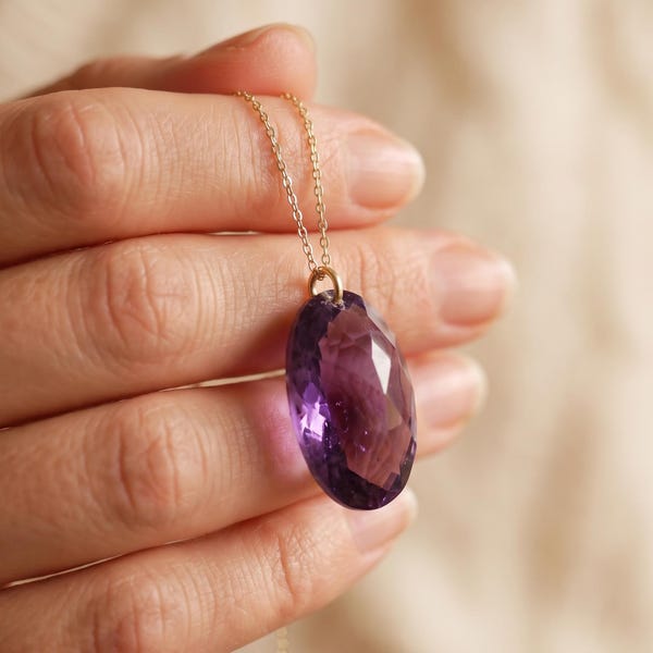 14K Solid Gold Amethyst Necklace, 10ct Natural Teardrop Pendant, February Birthstone