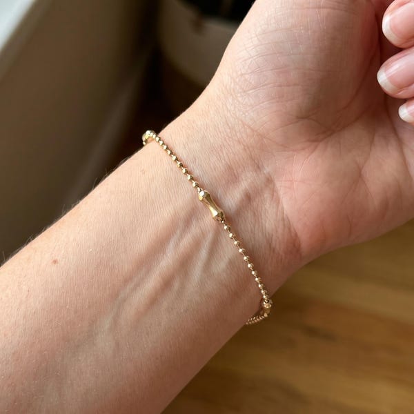14K Solid Gold Diamond-Cut Ball Chain Bracelet, Faceted Beads, 18 cm
