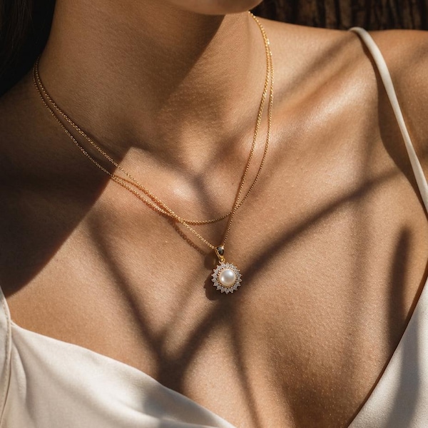 14K Solid Gold Pearl Halo Pendant Necklace, Vintage Bridal Marquise CZ June Birthstone