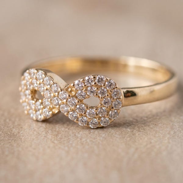 14K Gold Pave CZ Infinity Ring, Bow Knot Band, Mother Daughter Gift